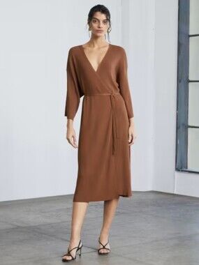 Everlane Brown Minimalist 3/4 Sleeve Jersey Knit Ribbed Wrap Midi Dress L